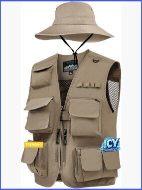 Men's Fishing Vest with Sun Hat Multi Pocket Outdoor Hiking Travel